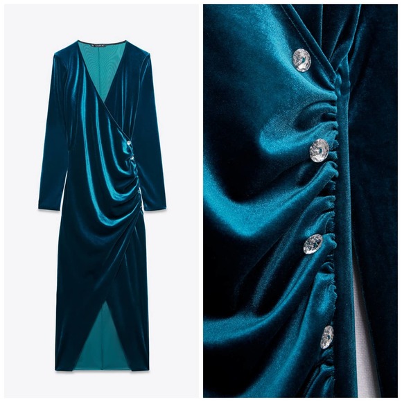 ZARA VELVET JEWEL BUTTON RUCHED MIDI DRESS BLUE - Picture 6 of 12
